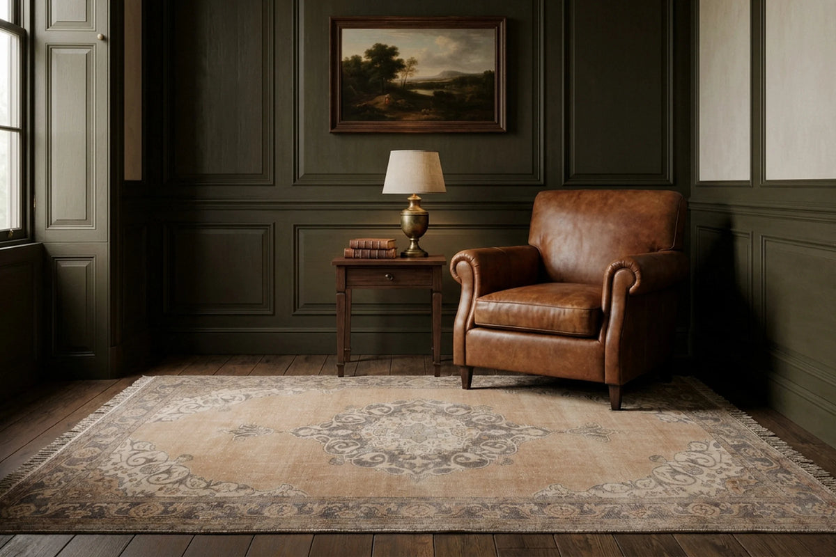 Beige Turkish rug in a reading nook
