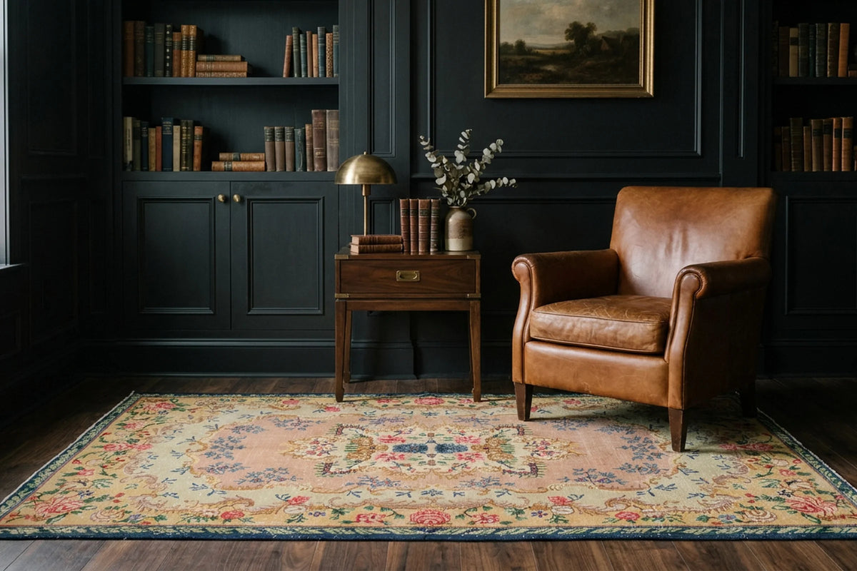Beige Turkish rug in a den