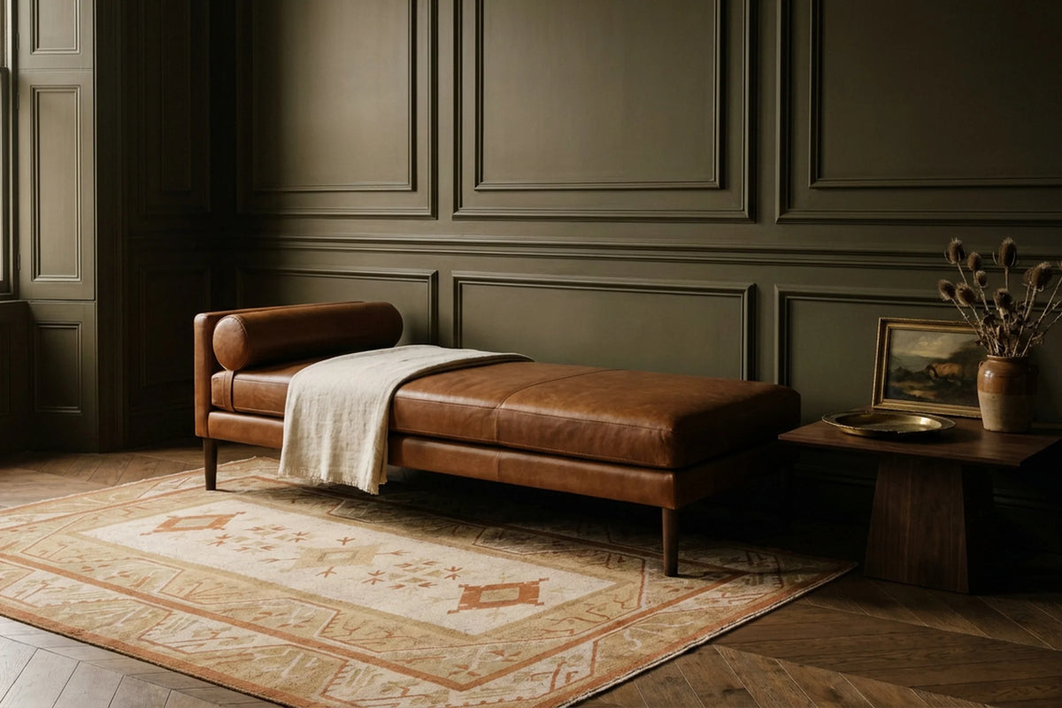 Beige Turkish rug in a den