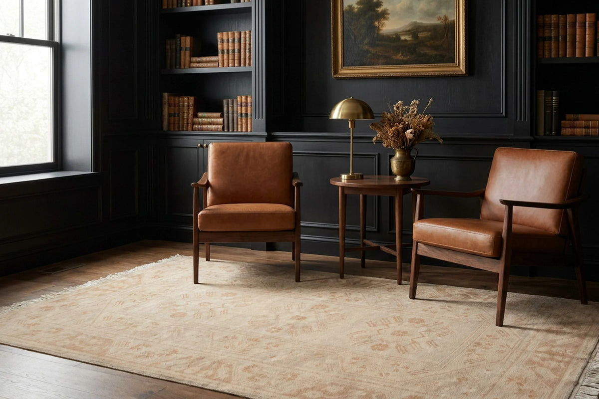 Beige Turkish rug in a library
