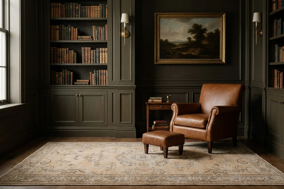 Beige Turkish rug in a library