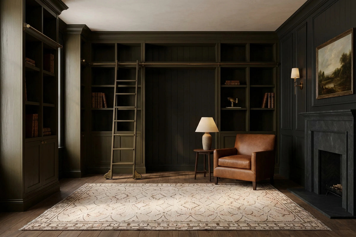 Beige Turkish rug in a library
