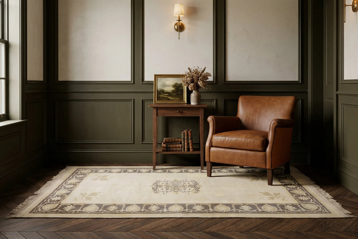 Beige Turkish rug in a den