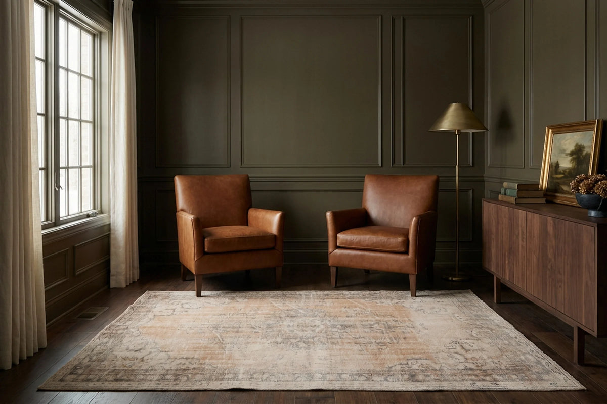 Beige Turkish rug in a den