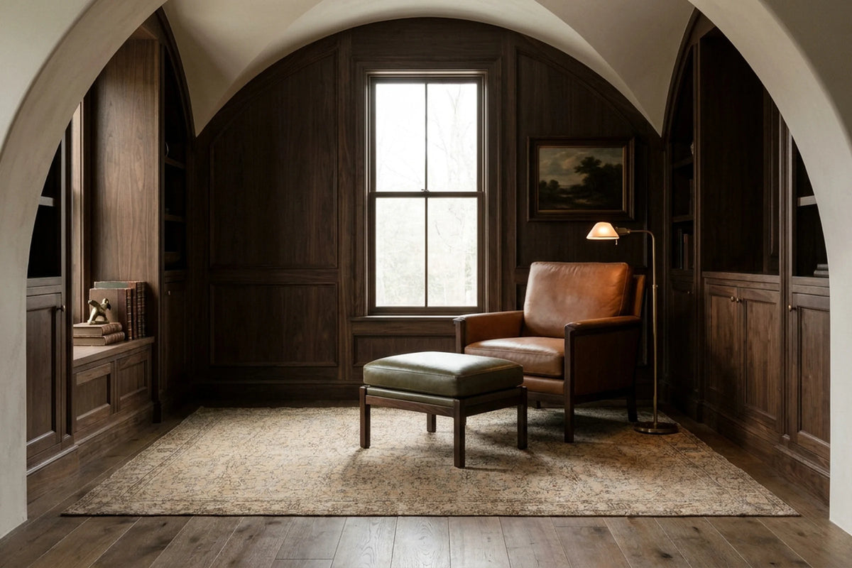 Beige Turkish rug in a reading nook
