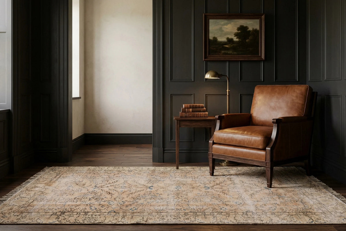 Beige Turkish rug in a den