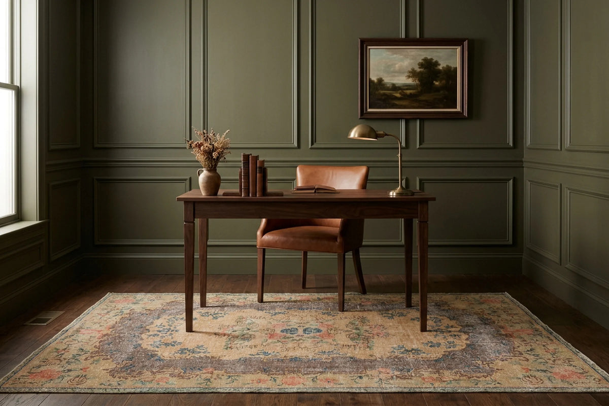 Beige Turkish rug in a home office