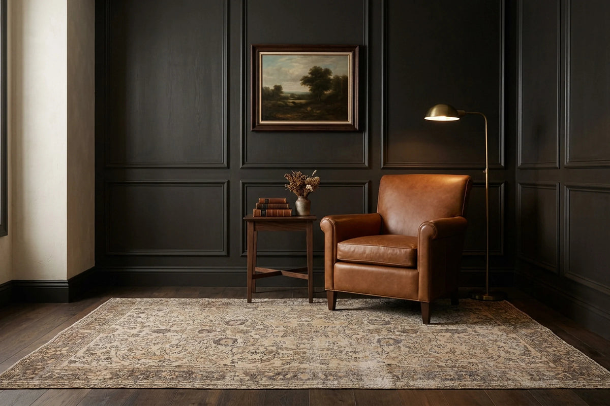 Beige Turkish rug in a den