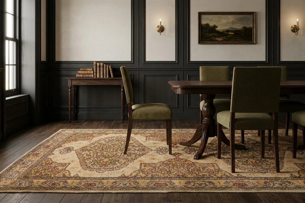Beige Turkish rug in a dining room