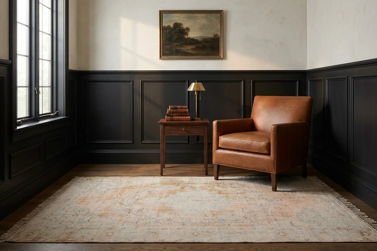 Beige Turkish rug in a home office