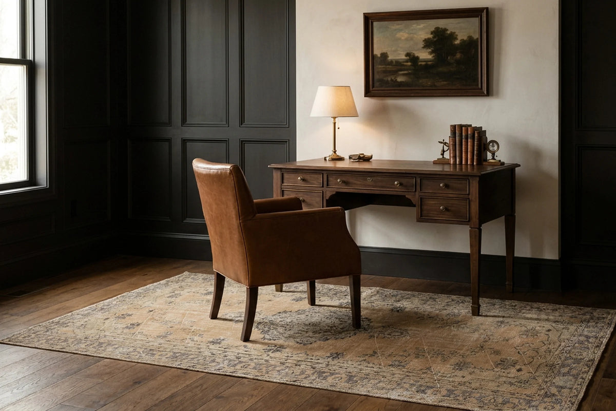 Beige Turkish rug in a home office