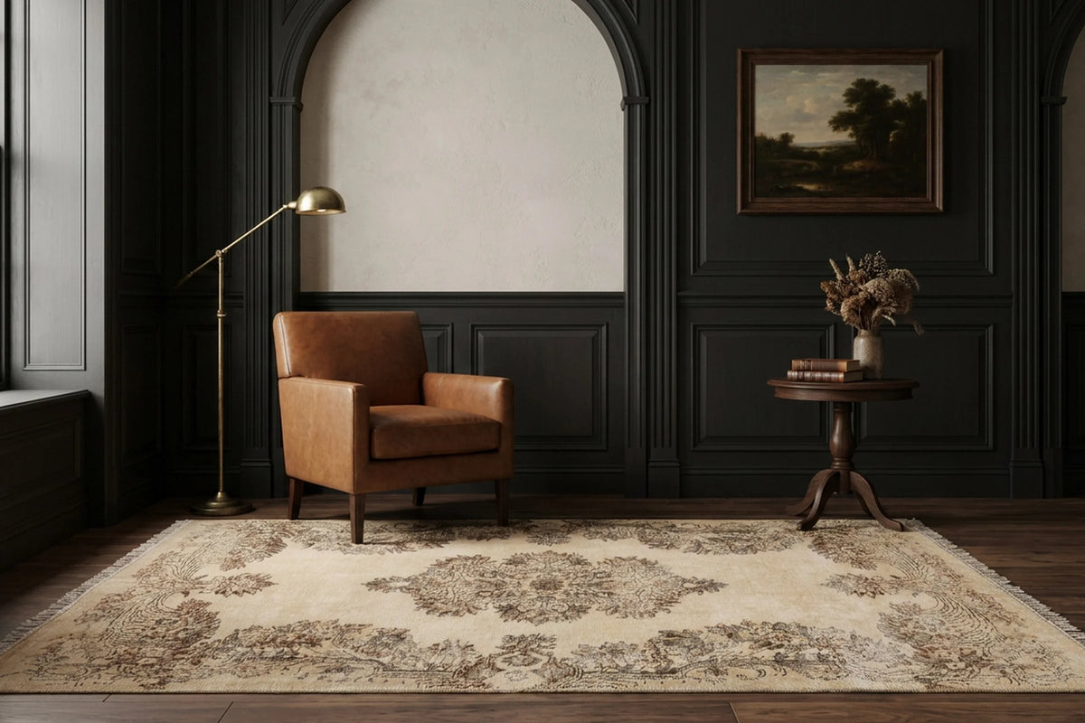 Beige Turkish rug in a den