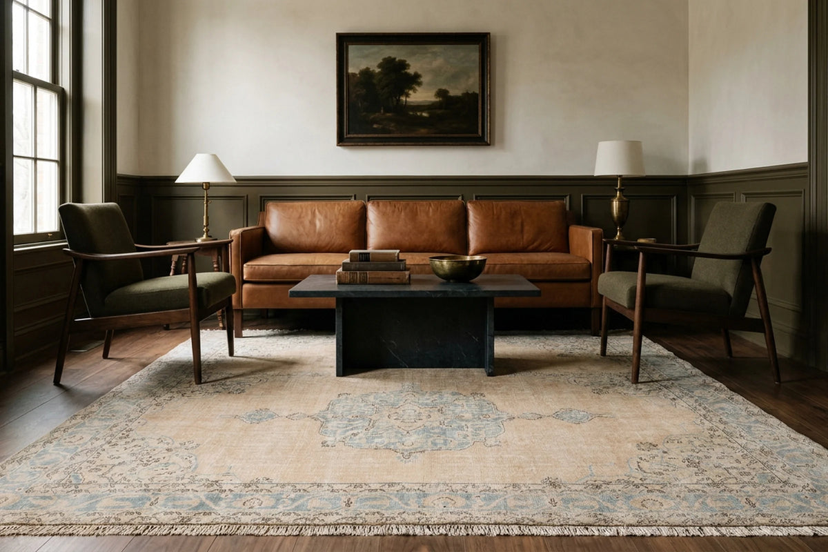 Beige Turkish rug in a conservatory