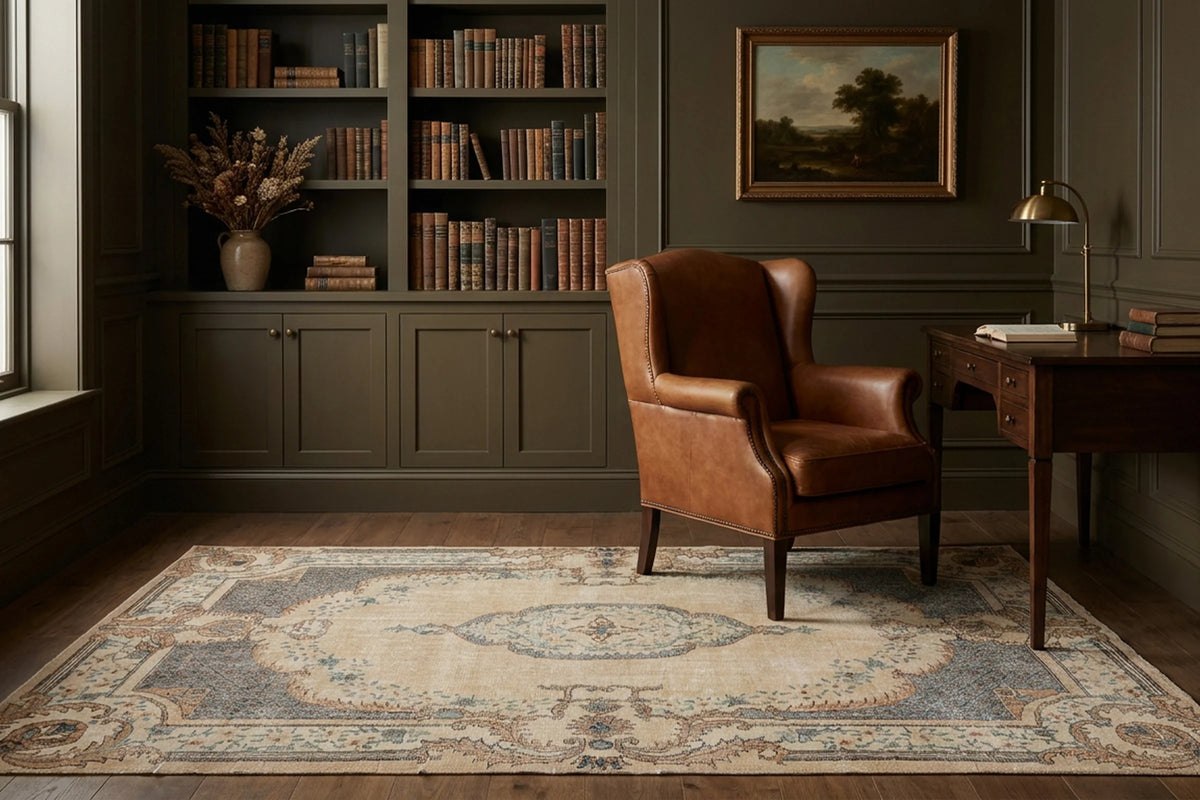 Beige Turkish rug in a study