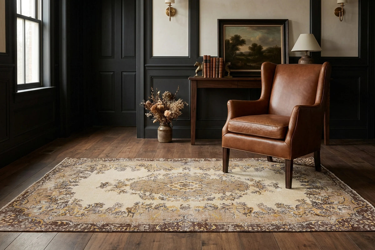 Beige Turkish rug in a styled room