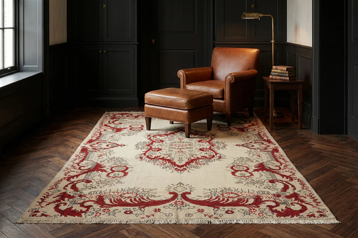 Beige Turkish rug in a library