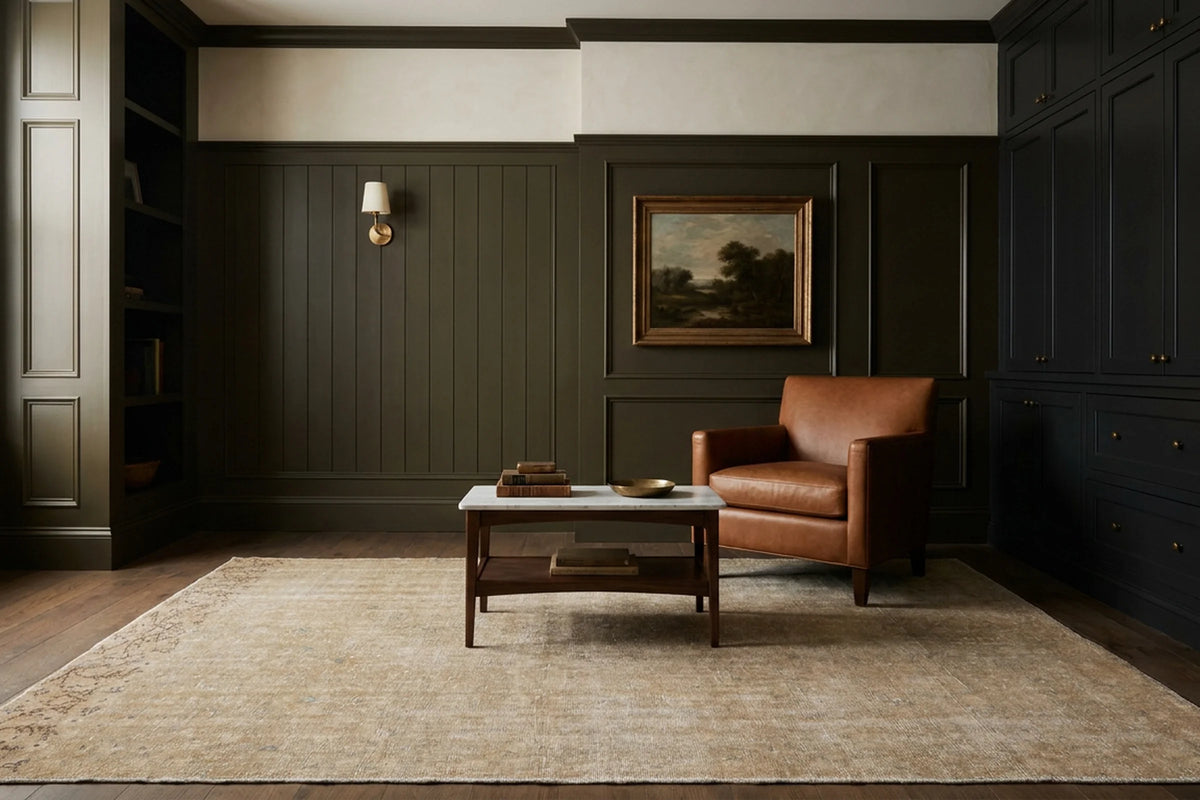 Beige Turkish rug in a library
