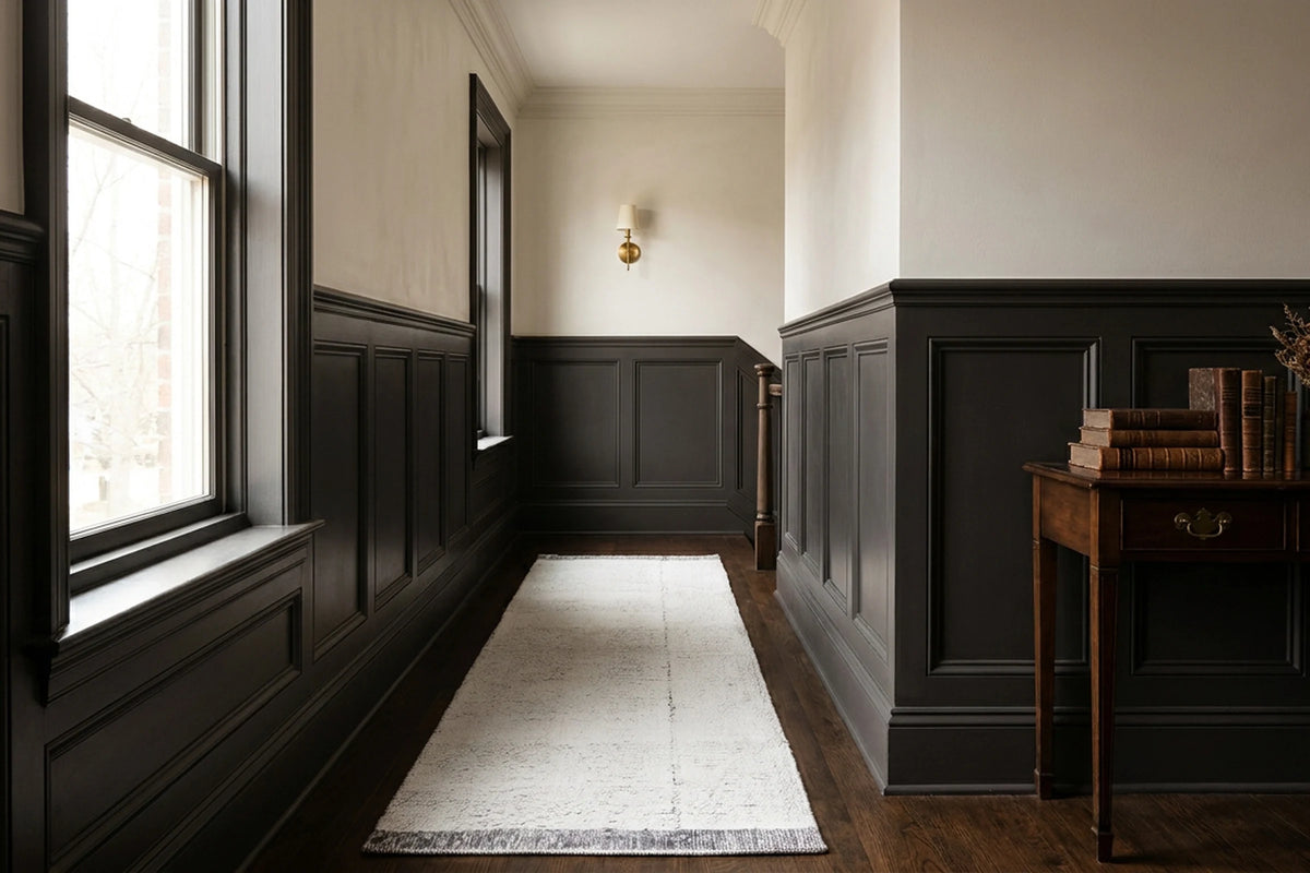 Black Shaggy Wool runner rug in a landing