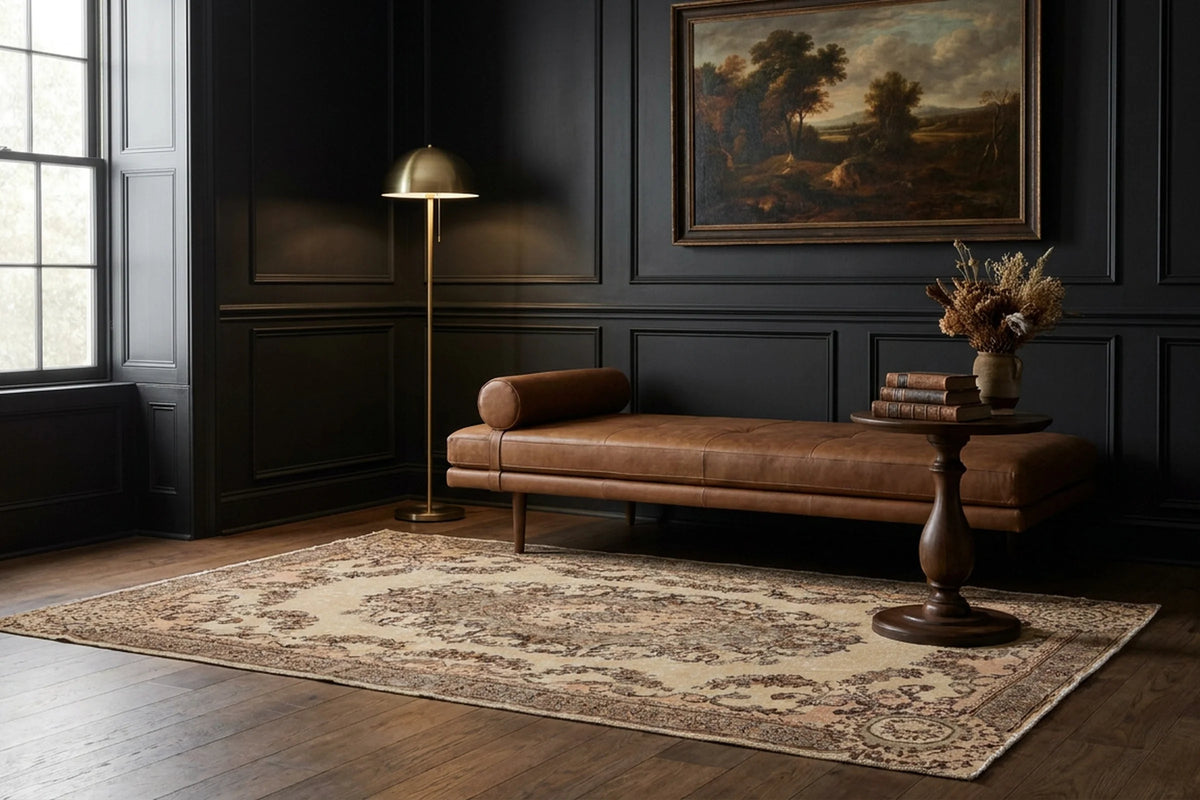 Black Turkish rug in a styled room