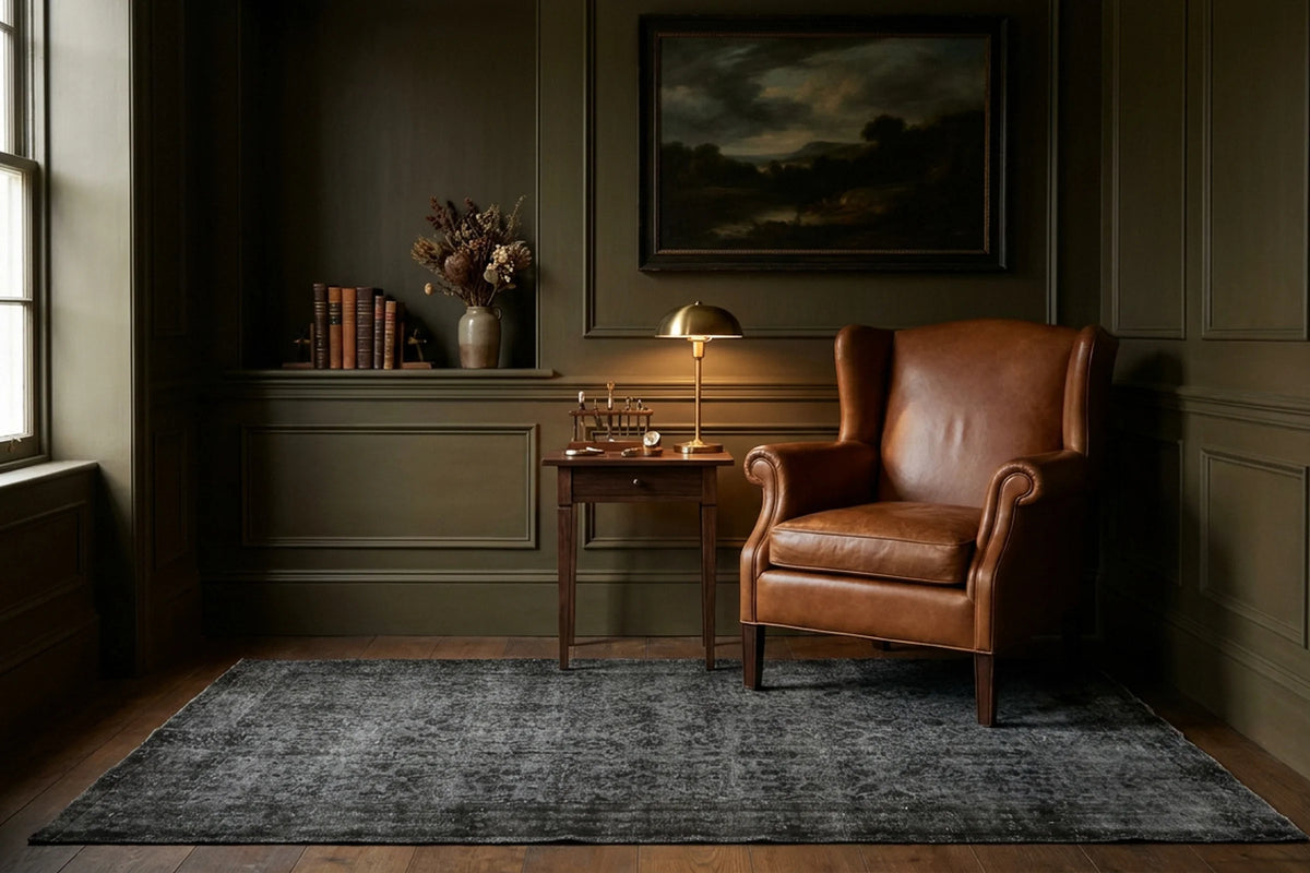 Black Turkish rug in a styled room
