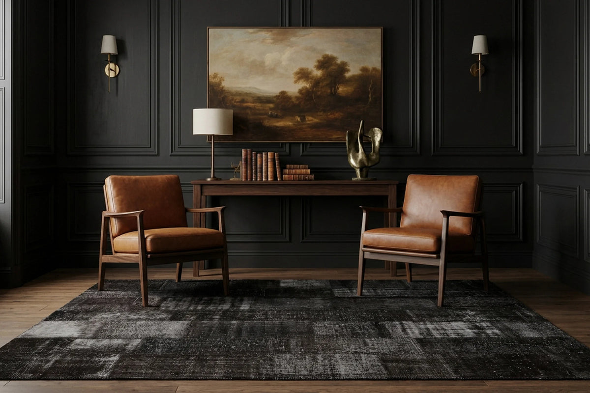 Black Turkish rug in a styled room