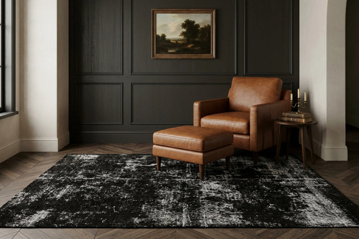 Black Turkish rug in a styled room