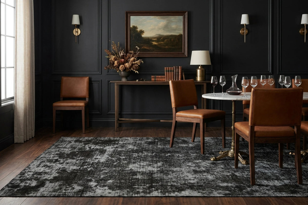 Black Turkish rug in a styled room