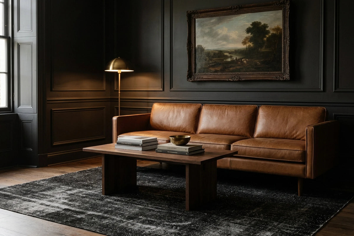 Black Turkish rug in a styled room
