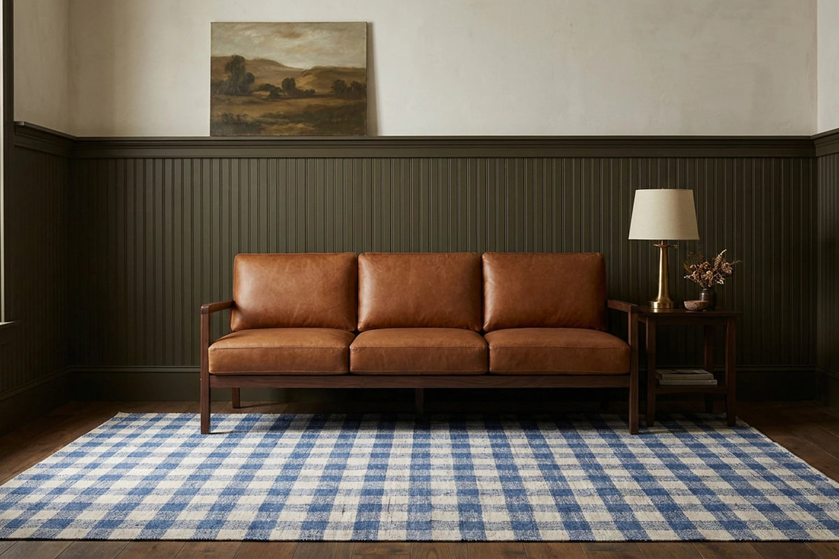 Checkered Flatweave area rug in a living room