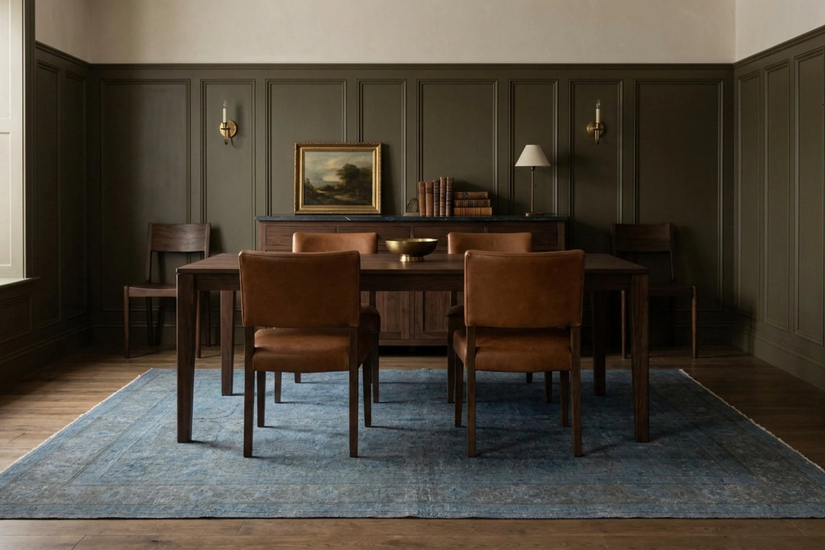 Blue rug in a dining room