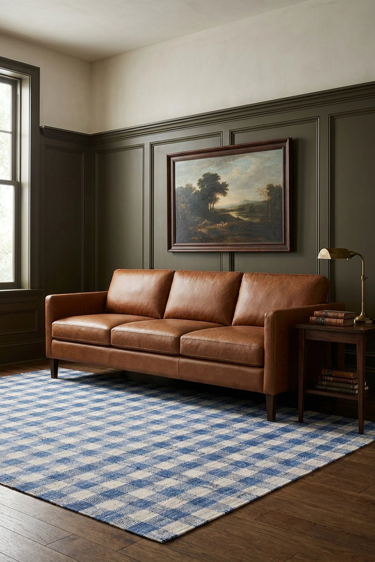 Checkered Flatweave area rug in a living room