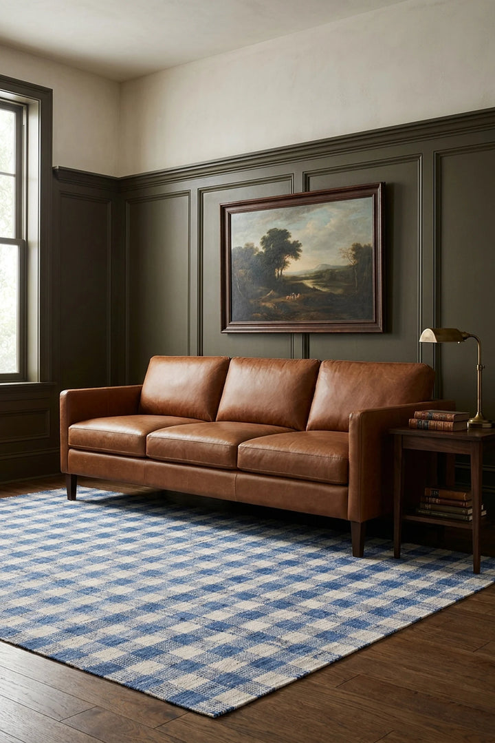 Checkered Flatweave area rug in a living room