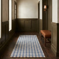 White Checkered Flatweave runner rug in a hallway
