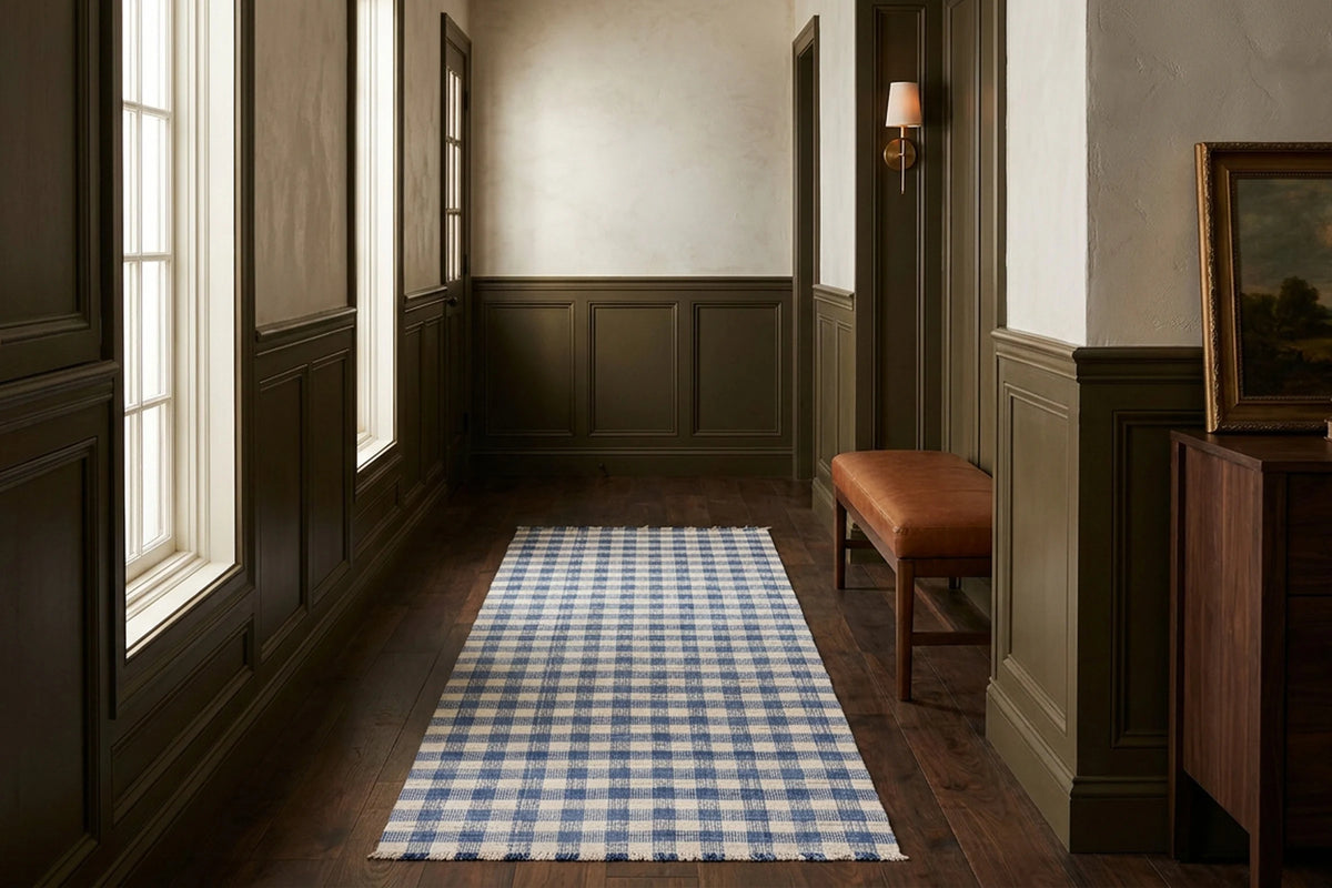 White Checkered Flatweave runner rug in a hallway