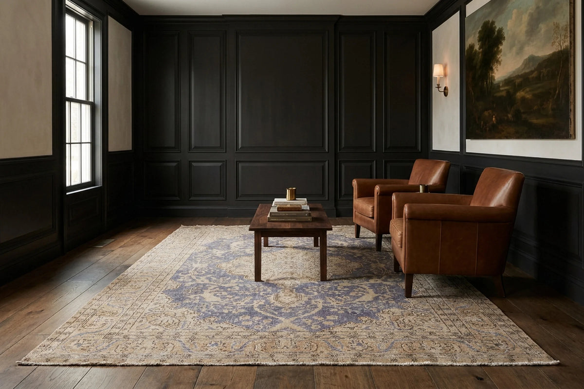 Blue Turkish rug in a styled room