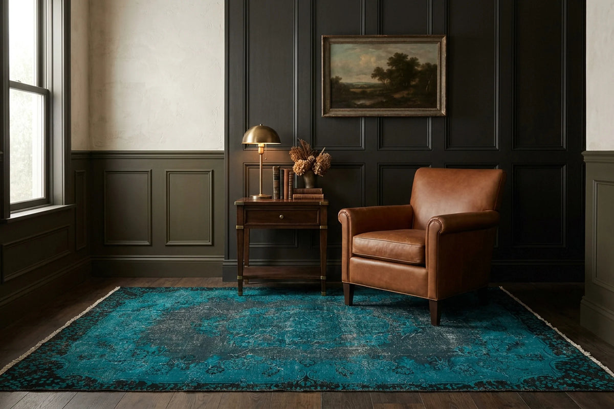 Blue Turkish rug in a styled room
