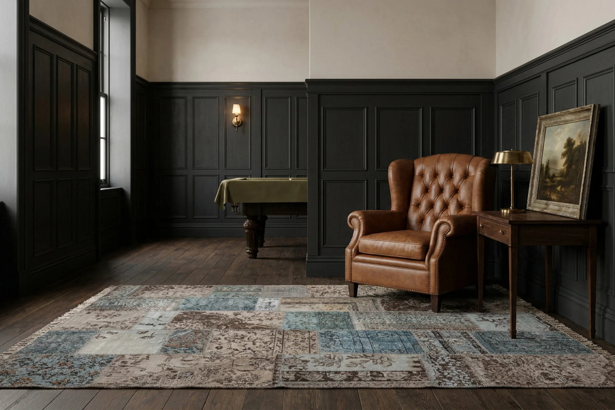Blue Turkish rug in a styled room