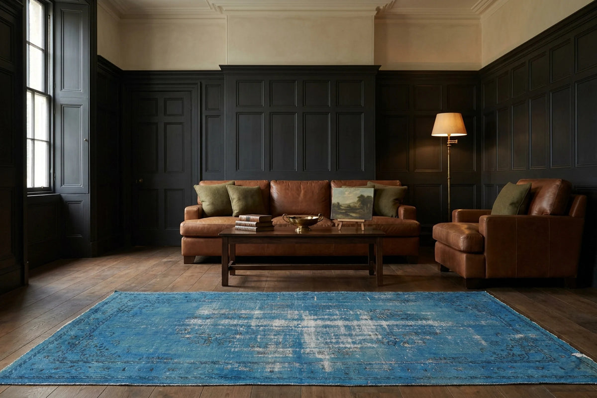 Blue Turkish rug in a styled room