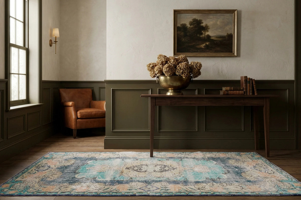 Blue Turkish rug in a styled room