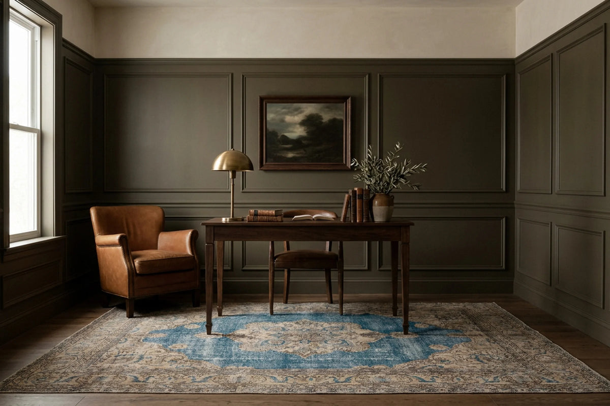 Blue Turkish rug in a study