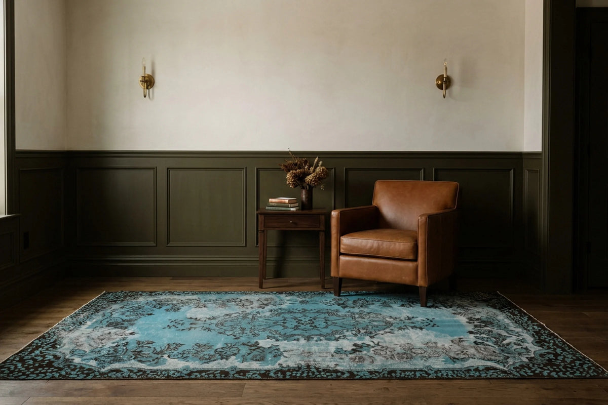 Blue Turkish rug in a styled room