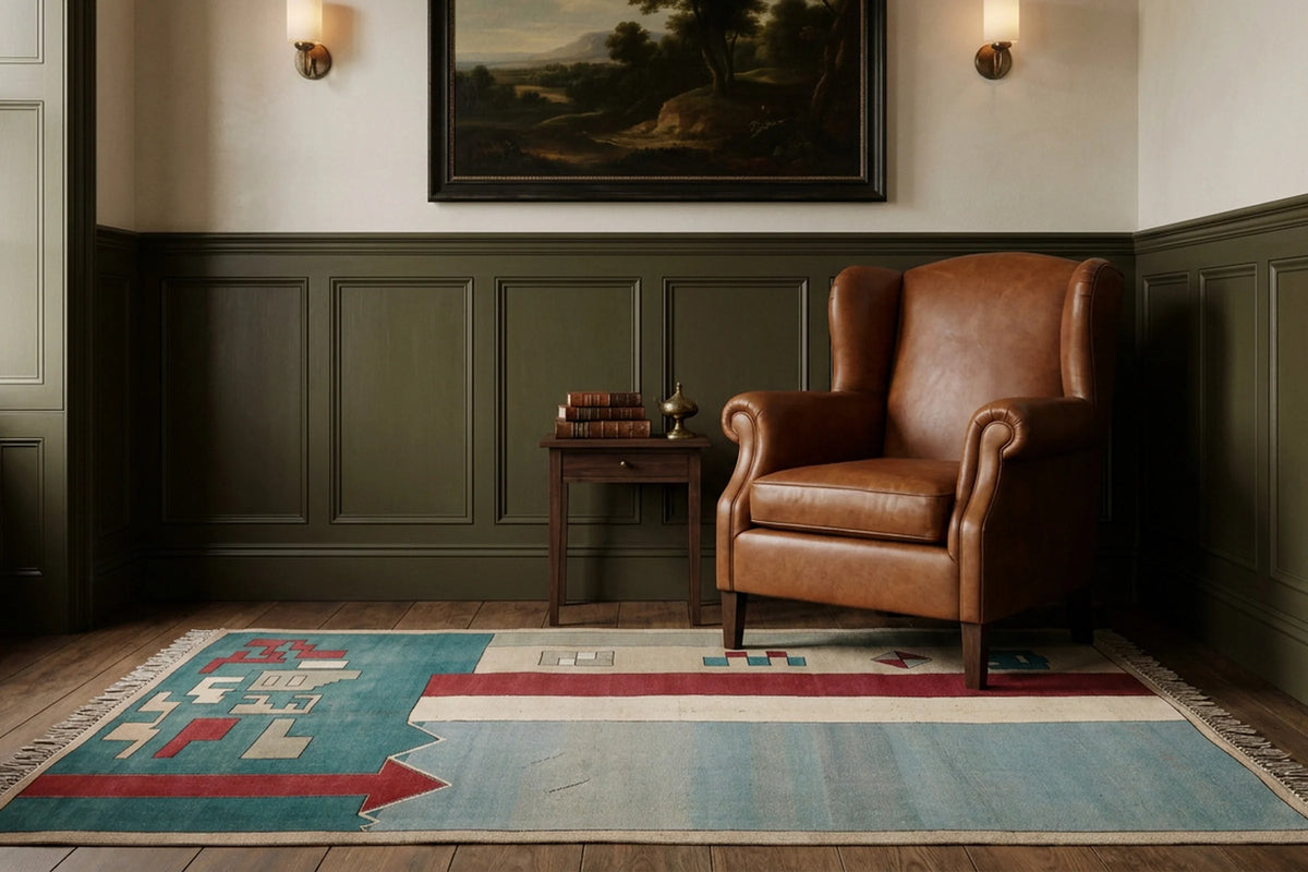 Blue Turkish rug in a styled room