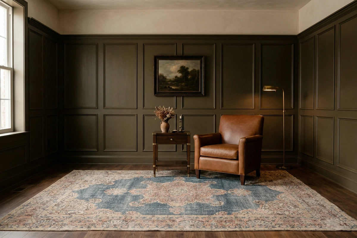 Blue Turkish rug in a styled room