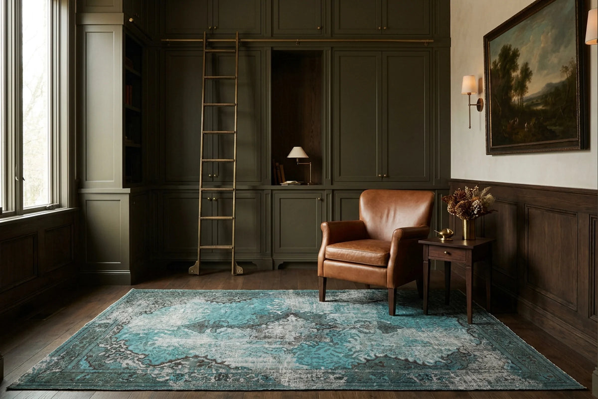 Blue Turkish rug in a library