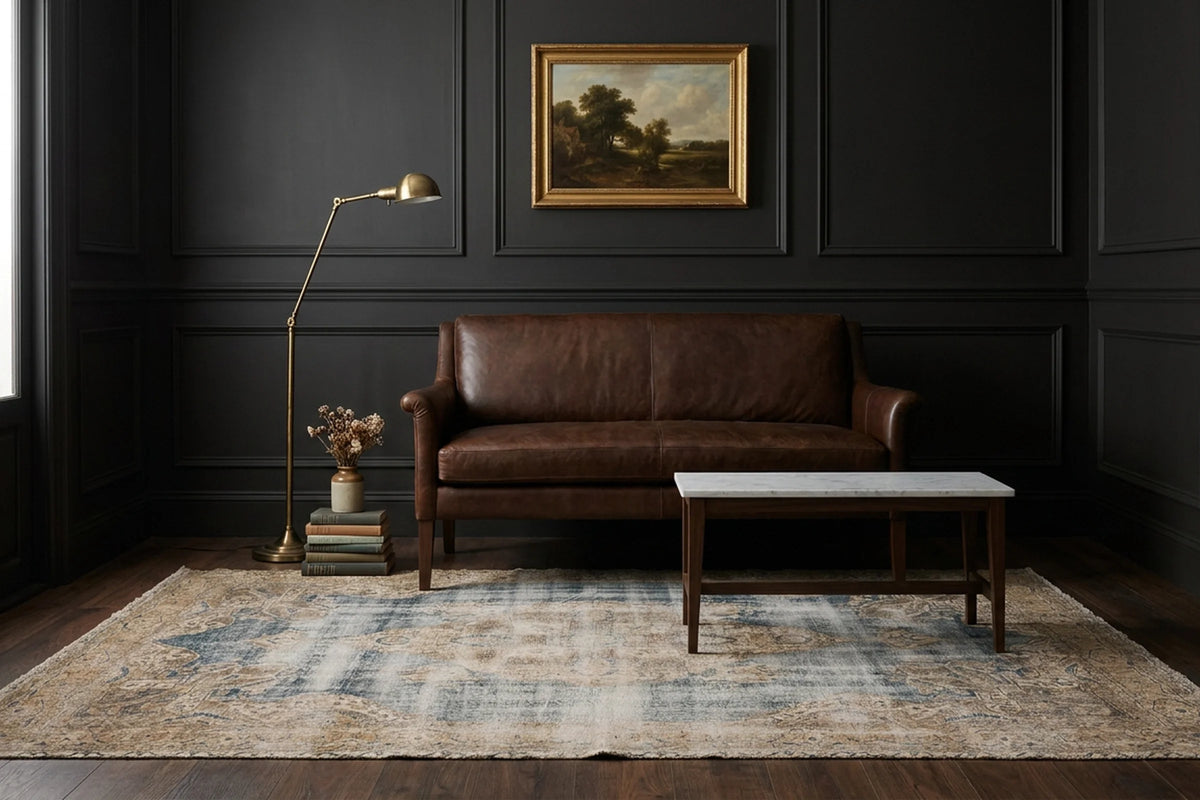 Blue Turkish rug in a styled room
