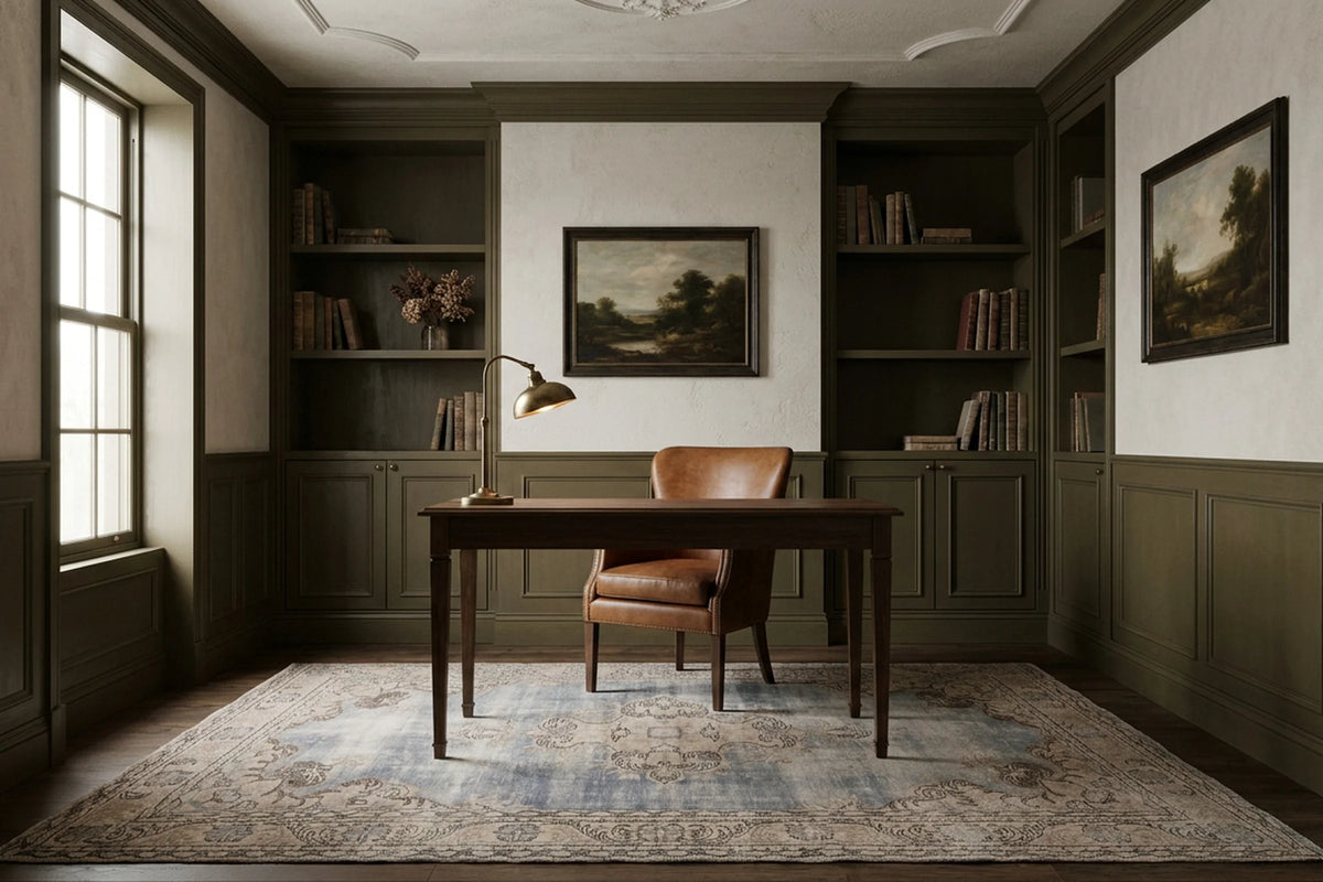 Blue Turkish rug in a styled room