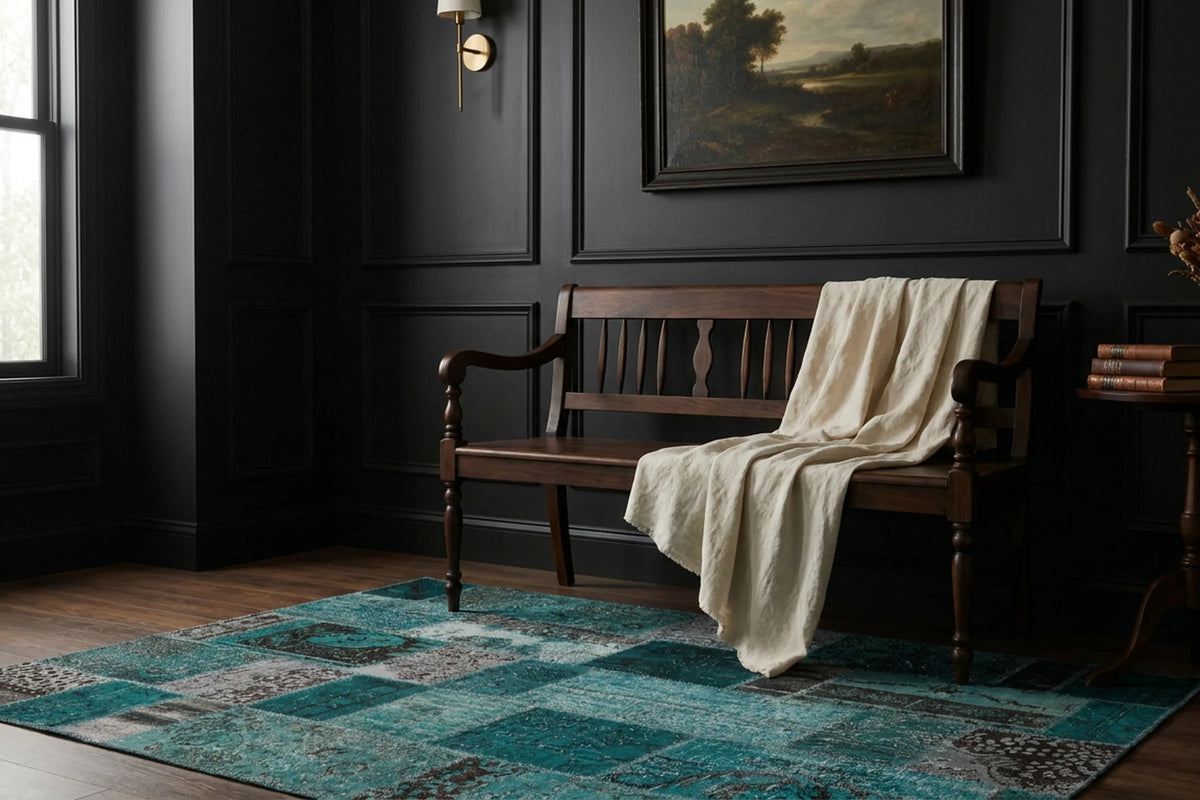 Blue Turkish rug in a styled room