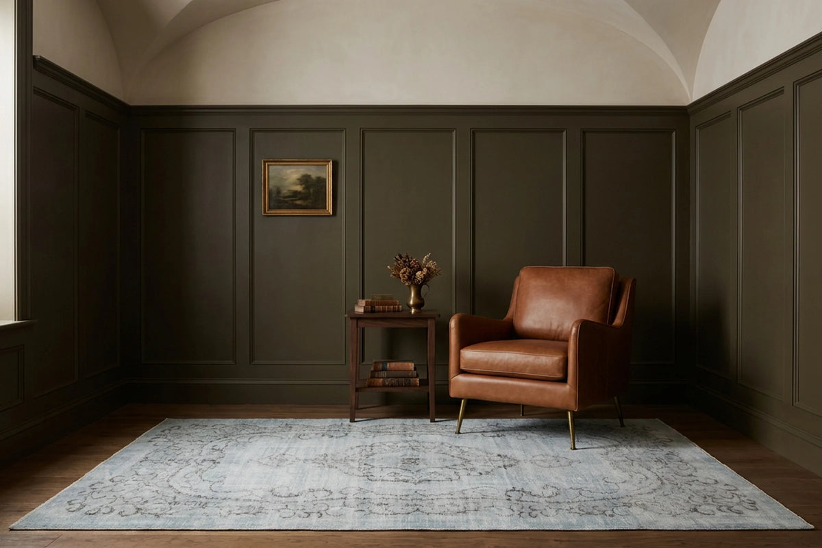 Blue Turkish rug in a styled room