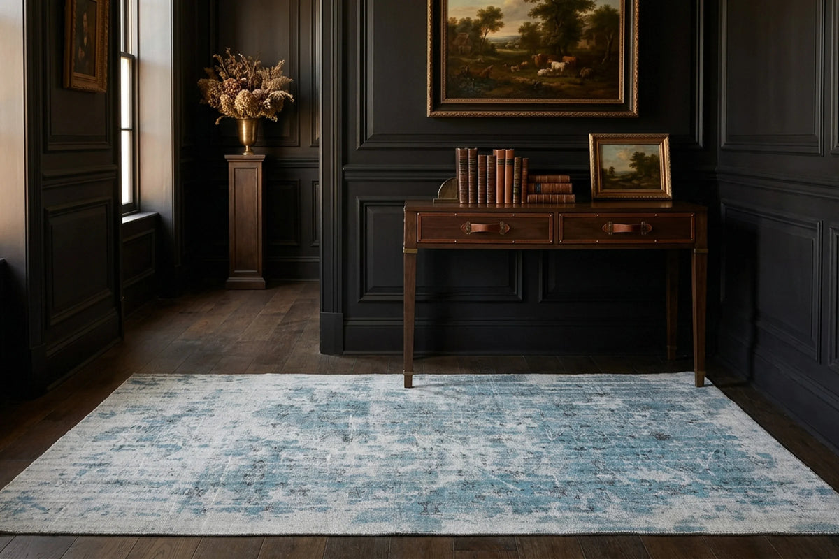 Blue Turkish rug in a hallway