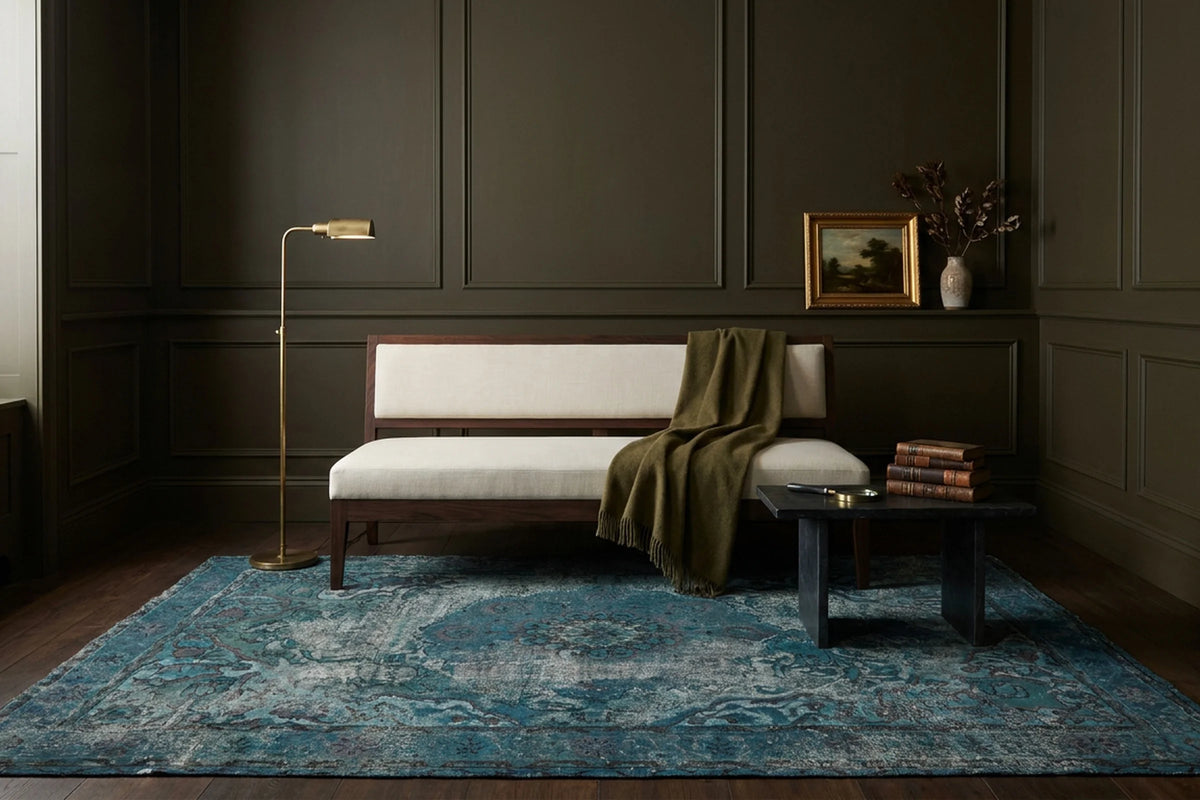 Blue Turkish rug in a styled room